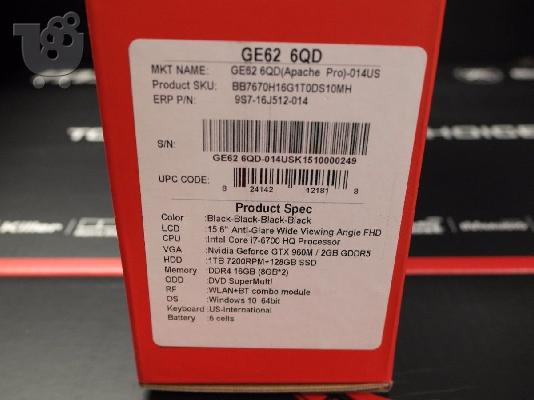 MSI 15.6" Gaming GE62 Apache Pro i7-6700HQ Nvidia GTX 960 2GB GDDR5 16GB/1TB/W10